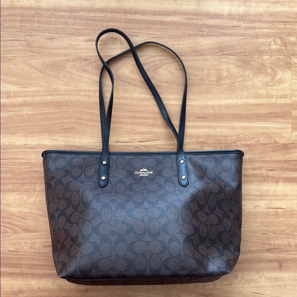 Coach Brown Monogram Tote with Leather Trim